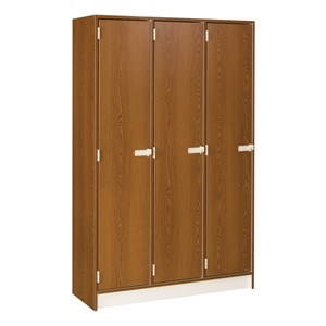 72" H Three-Wide Single-Tier Lockers - Shown in Medium Oak w/ doors closed